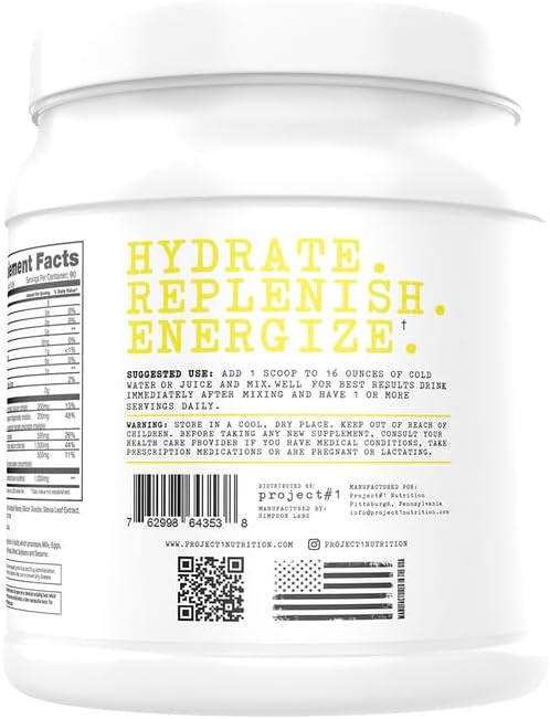 Project #1 Electrolyte Drink Mix - Lemon Lime Flavor - Enhanced Hydration with Potassium & Coconut Water - Low Calorie, High Performance Electrolyte Powder for Fitness & Endurance - 90 Servings