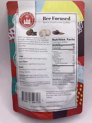 Mushroom Coffee by Herbal Hive Bee Focused Includes Adaptogens Reishi, Lion's Mane, and Chaga Superfood Low Acid Instant 30 Servings (3.5 oz, Dark Roast)