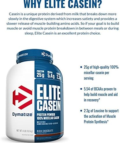 Dymatize Elite Casein Protein Powder, Slow Absorbing with Muscle Building Amino Acids, 100% Micellar Casein, 25g Protein, 5.4g BCAAs & 2.3g Leucine, Helps Overnight Recovery, Smooth Vanilla, 2 Pound