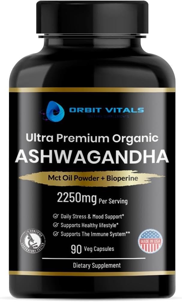Organic Ashwagandha, 2250 mg - Premium Ashwagandha Root Extract with MCT Oil Powder & Black Pepper for Superior Absorption - Improves Focus, Mood Support, Increase Energy, Strength - 90 Capsules
