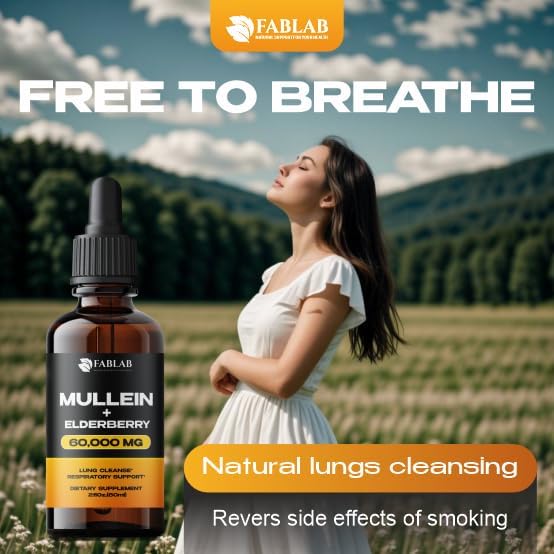 FabLab Mullein Leaf Extract with Elderberry 2 Fl Oz - Made in USA - Drops for Better Lung - Mullein Tincture for Lung Detox - Bronchial Cleanse for Smokers - Respiratory Herbal Supplement