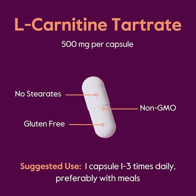 BESTVITE L-Carnitine Tartrate 500mg per Capsule (240 Capsules)(120x2) - No Stearates - Non GMO - Gluten Free