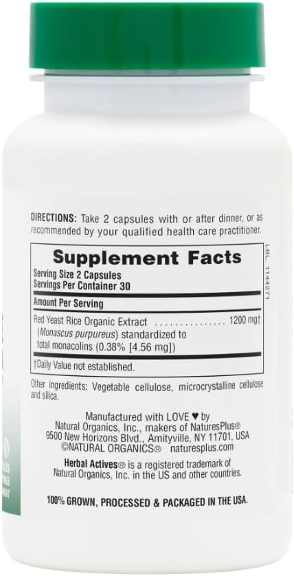 Natures Plus Herbal Actives Red Yeast Rice - 1200 mg, 60 Vegan Capsules - Maximum Potency Herbal Supplement, Cholesterol Support - Vegetarian, Gluten-Free - 30 Servings