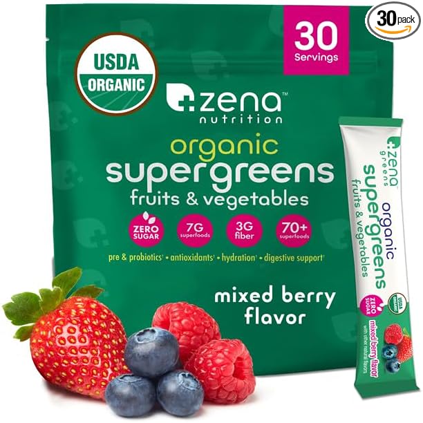 Organic Super Greens Powder, 70+ Superfoods, 0 Sugar, 3G Fiber, Spirulina, Chlorella, Antioxidants, Prebiotics/Probiotics, Digestive Enzymes, Mixed Berry, 30 Drink Mix Packets