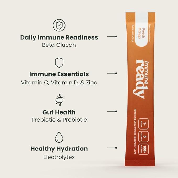 Immune Ready™ Immune Boost Drink Mix - All-in-One Immune Support, Gut Health, and Electrolyte Powder Packets with Vitamin C, Beta Glucan, Zinc, Elderberry, D3, Pre & Probiotics - Peach-Mango - 15 Pack