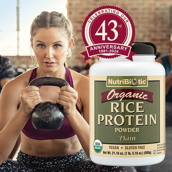 NutriBiotic Certified Organic Plain Rice Protein, 21 Ounce | Low Carbohydrate Vegan Protein Powder | Raw, Certified Kosher & Keto Friendly | Made Without Chemicals, GMOs & Gluten | Easy to Digest