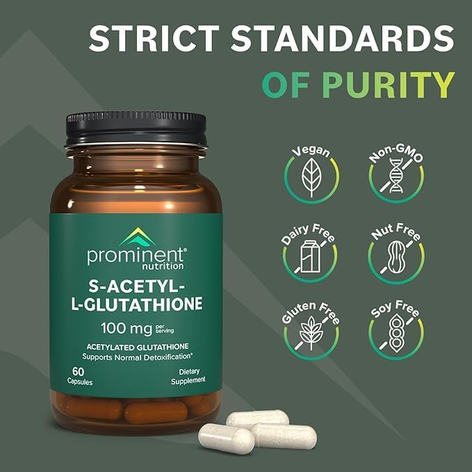 Prominent Nutrition S-Acetyl L-Glutathione Supplement - Clinically Researched Emothion Acetylated Glutathione for Normal Liver Detoxification Support & Optimal Antioxidant Effect, 60 Vegan Capsules