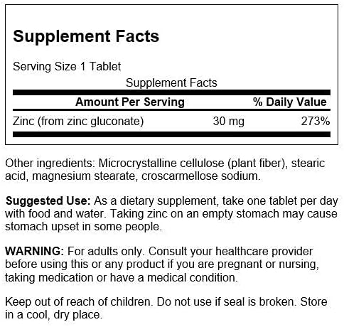 Swanson Zinc Gluconate - Mineral Supplement Promoting Prostate Health, Vision Health, & Immune Support -Gluconate Form for Optimal Absorption - (250 Tablets, 30mg Each) (2 Pack)