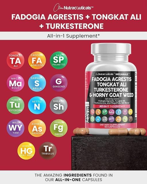 Clean Nutraceuticals Fadogia Agrestis Tongkat Ali Turkesterone Supplement with Horny Goat Weed, Saw Palmetto, Maca Root, Siberian Ginseng, Tribulus Terrestris, Fenugreek, Wild Yam - 60 Count