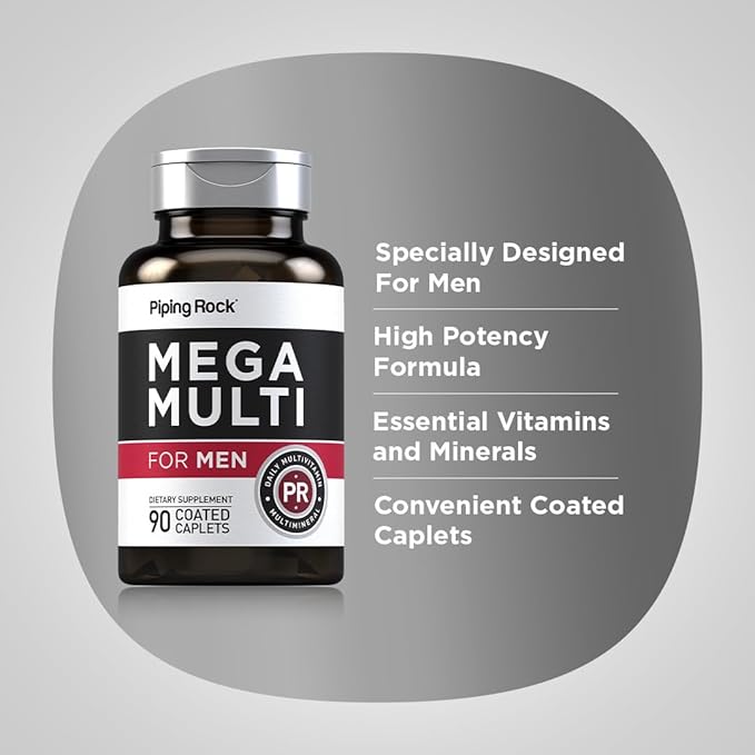 Piping Rock Multivitamin for Men | 90 Caplets | Mega Multimineral Daily Supplement | with Vitamin D, Zinc, Saw Palmetto | Non-GMO, Gluten Free