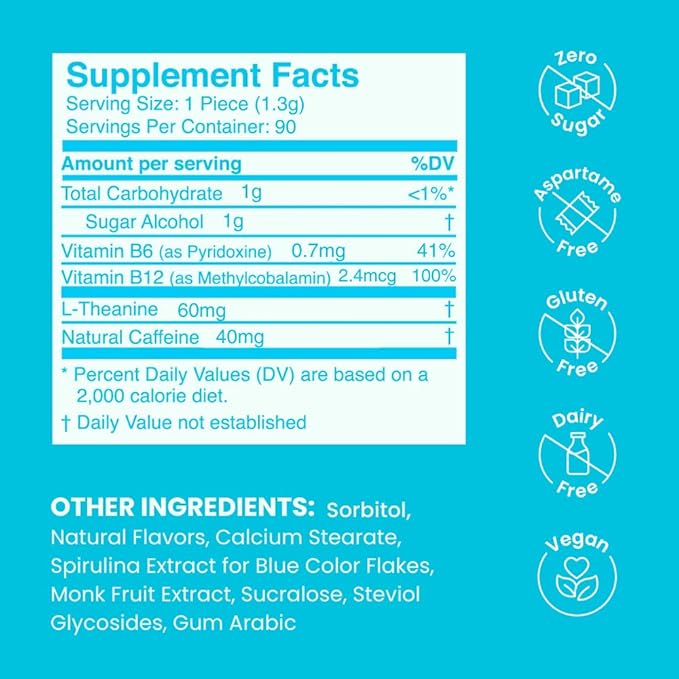 NeuroGum Energy Caffeine Mints (90 Pieces) - Sugar Free with L-theanine + Natural Caffeine + Vitamin B12 & B6 - Nootropic Energy & Focus Supplement for Women & Men - Keto & Vegan, Peppermint Flavor