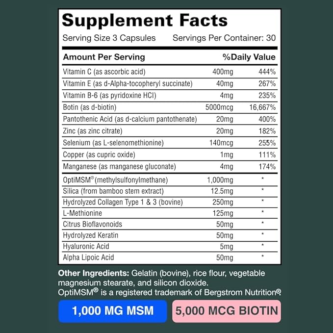 Hair Vitamins MSM Powder Healhty Hair Skin & Nails - 17 in 1 Ingredients with OptiMSM 1,000mg Hair Supplement Biotin 5000mcg and Keratin – Thousands of Happy customers - 90 ct