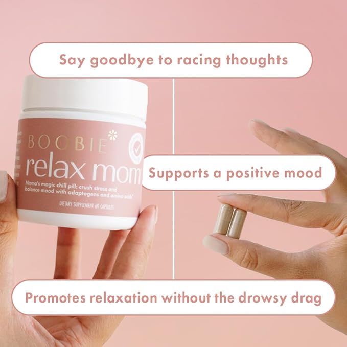 Boobie Relax Mom, Stress Support Supplement | Lactation Approved | Mood and Energy Support with Ashwagandha & L-Theanine, 60 Capsules