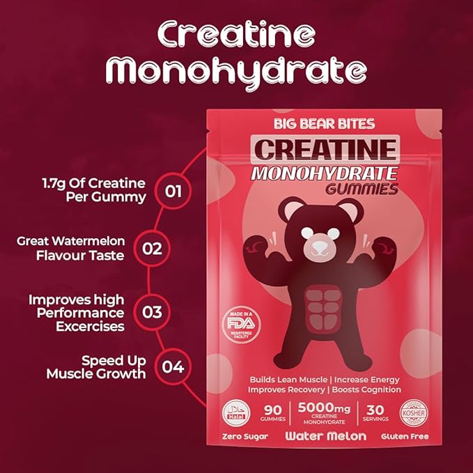 Creatine Monohydrate Gummies for Men & Women | 5000mg of Creatine Gummies per Serving | Sugar Free Gummies, Gluten Free & Halal | Pack of 90 Pre Workout Gummies for Muscle Recovery | Watermelon Flavor