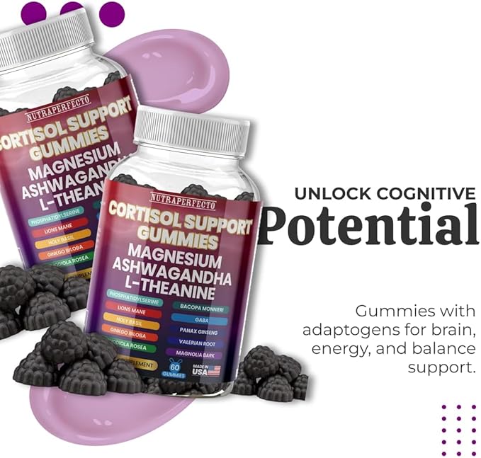 Sugar Free Gummies with GABA, L-Theanine, Lion’s Mane, Ashwagandha, Phosphatidylserine, Vitamin D3, B6, Panax Ginseng, Ginkgo Biloba for Men, Women Adrenal, Cortisol, Brain, Cognitive, Energy