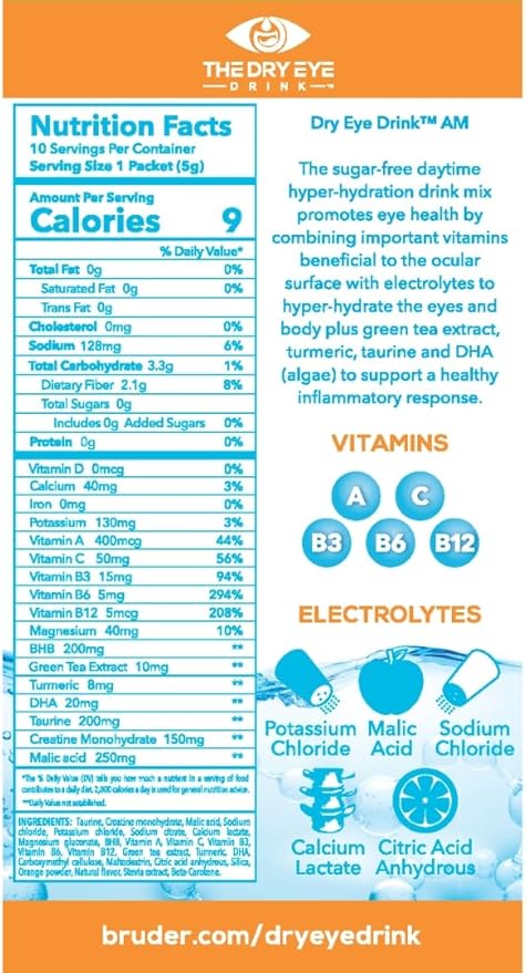 l Ultimate Hydration for Dry Eyes l Sugar-Free Electrolyte Powder Packets l Blended with Vitamins, Green Tea, Turmeric, Taurine, and DHA l 5g x 20 Packets (Orange AM/PM)
