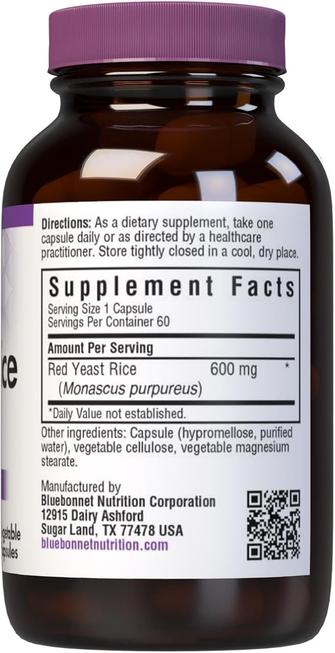 Bluebonnet Nutrition Red Yeast Rice 600 mg, Non-GMO, Vegan, Kosher Certified, Gluten-Free, Soy-Free, Dairy-Free, 60 Vegetable Capsules, 60 Servings