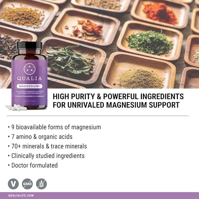 QUALIA MAGNESIUM+ | Doctor-Formulated Premium Magnesium Formula | High Bioavailability From 9 Forms Of Magnesium & 70+ Minerals | Relax Mood, Calm Nervous System, Muscle Relaxation & Exercise Recovery