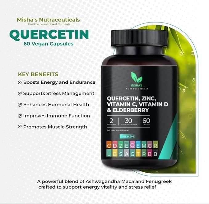 Strength Quercetin with Bromelain, Zinc, Vitamin C & D, Elderberry – Immune & Lung Support Supplement for Women & Men - Artemisinin, Sea Moss, Echinacea & Allergy Relief – Vegan 60 Capsules