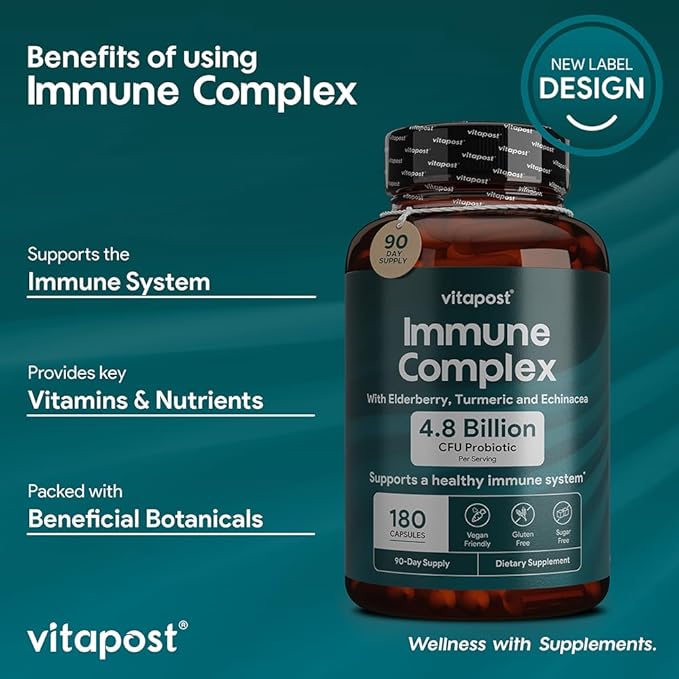 Immune Complex Supports a Healthy Immune System with Vitamin C, Elderberry, Zinc, Echinacea, Garlic & Turmeric. Dietary Supplement, 180 Capsules