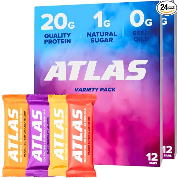 Atlas Protein Bar, 20g Protein, 1g Sugar, Clean Ingredients, Gluten Free (Whey Variety, 12 Count (Pack of 2))