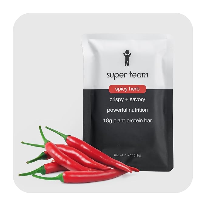 Super Team Savory + Crispy Protein Bars - Spicy Herb - 12-Count Snack Bars - High Protein (18g), High Fiber (7g), Low Sugar (1g) - Gluten Free, Nut Free, Soy Free, Vegan Plant Based Meal Replacement