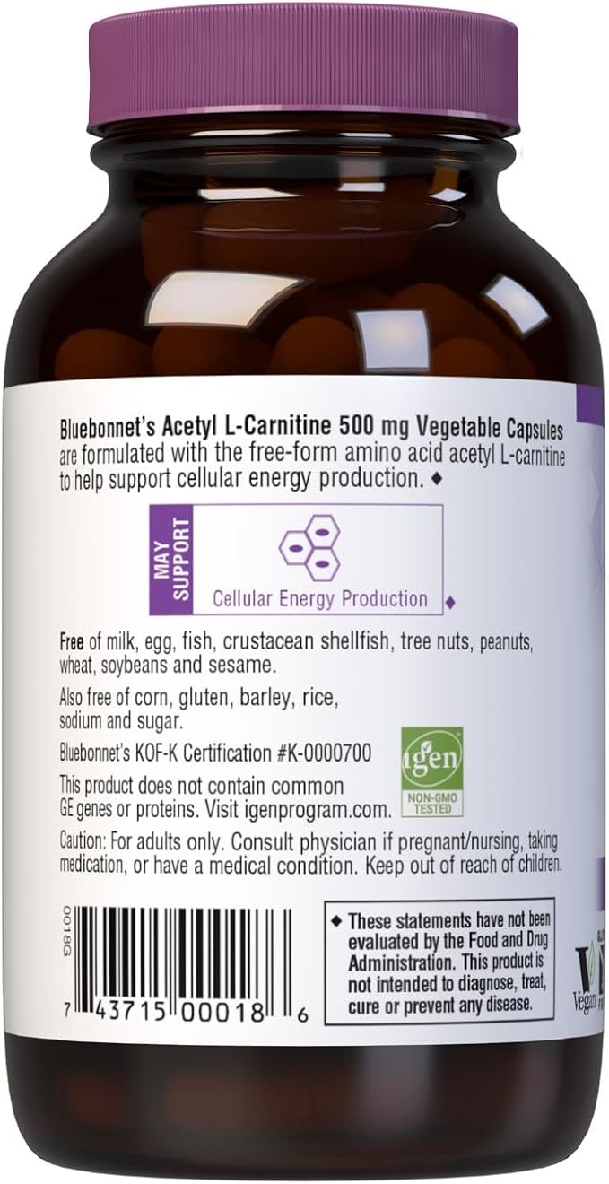 BlueBonnet Acetyl L-Carnitine 500 mg Vitamin Capsules, 60 Count