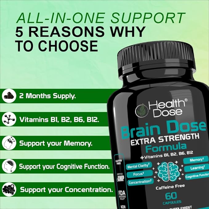 Brain Dose Premium Nootropics - Caffeine-Free Extra Strength Formula for Men & Women - Supports Brain Health, Cognitive Focus & Memory Retention, Pack of 5.