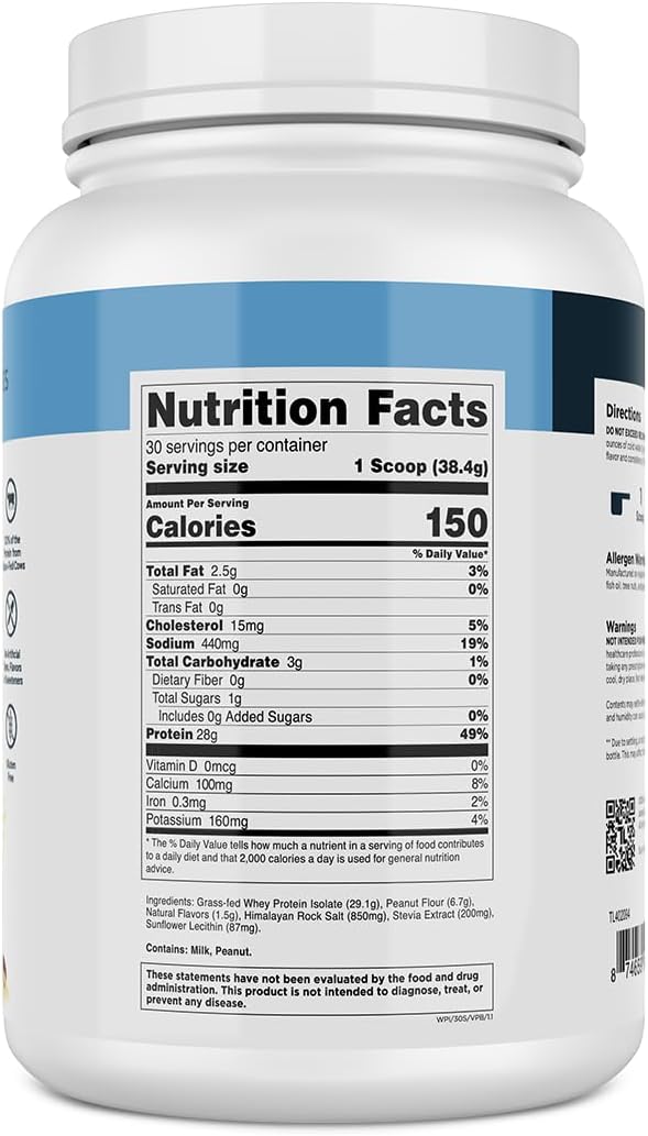 Transparent Labs Grass-Fed Whey Protein Isolate - Naturally Flavored, Gluten Free Whey Protein Powder with 28g of Protein per Serving & 9 Amino Acids - 30 Servings, Vanilla Peanut Butter