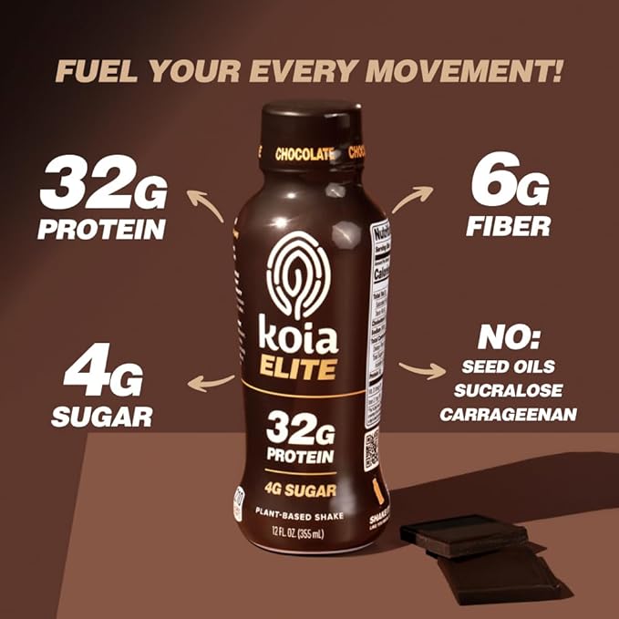 Koia Elite Plant Based Protein Shake, Chocolate, 32g Protein, 4g Sugar, 6g Prebiotic Fiber, Pre & Post Workout Nutritional Drink, No Seed Oils, Dairy-Free, Gluten-Free, Non-GMO, 12 Fl Oz (Pack of 12)