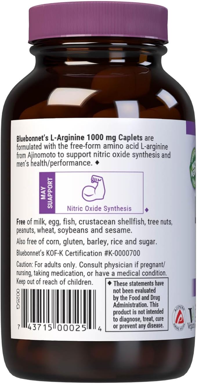 Bluebonnet Nutrition L-Arginine 1000mg, Free-Form Amino Acid, Nitric Oxide Precursor, Gluten-Free, Non-GMO, Kosher Certified, Vegan, 50 Caplets, 50 Servings