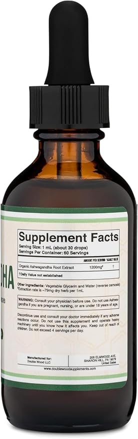 Ashwagandha Organic Drops for Stress Relief (1,200mg, 60 Servings) Ashwagandha Tincture for Adrenal Support and Cortisol Manager (Vegan Safe, Gluten Free, Non-GMO) by Double Wood