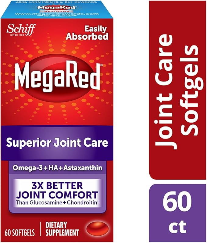 Omega-3 Krill Oil and Joint Supplement - Megared Joint Care 60 softgels - EPA/DHA fatty acids, Antioxidants, Hyaluronic acid, No fishy burp aftertaste as with Fish Oil