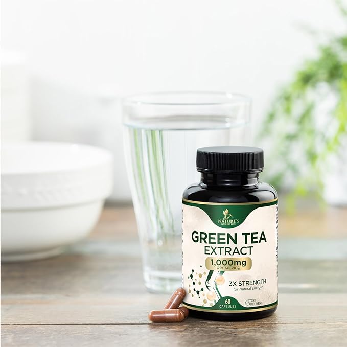 Green Tea Extract Supplement Pills 1000mg - 98% Standardized EGCG with Polyphenols - 3X Strength for Natural Energy - Supports Heart and Antioxidant Health - Nature's Gentle Caffeine - 60 Capsules