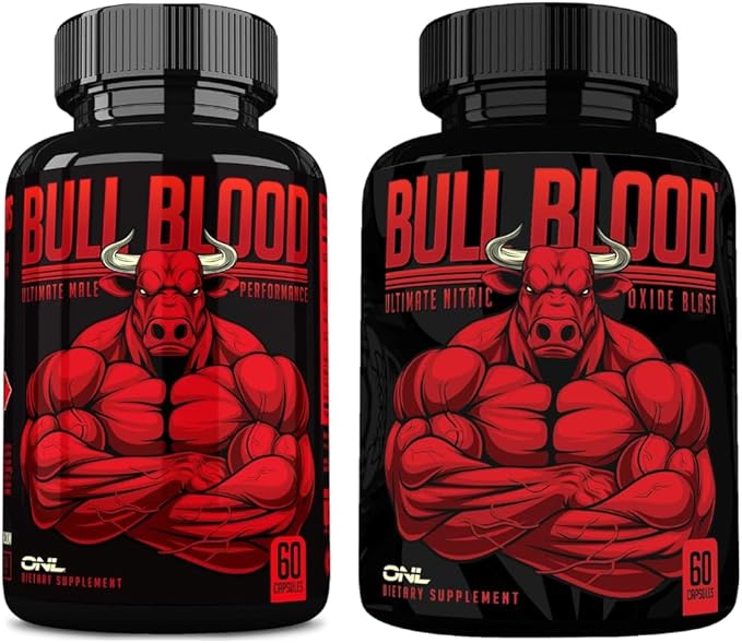 Bull Blood Testosterone Booster & Nitric Oxide Supplement for Men – Maca Root, Tribulus, Tongkat Ali & L-Arginine – Stamina & Vitality Support – 60 Ct Each