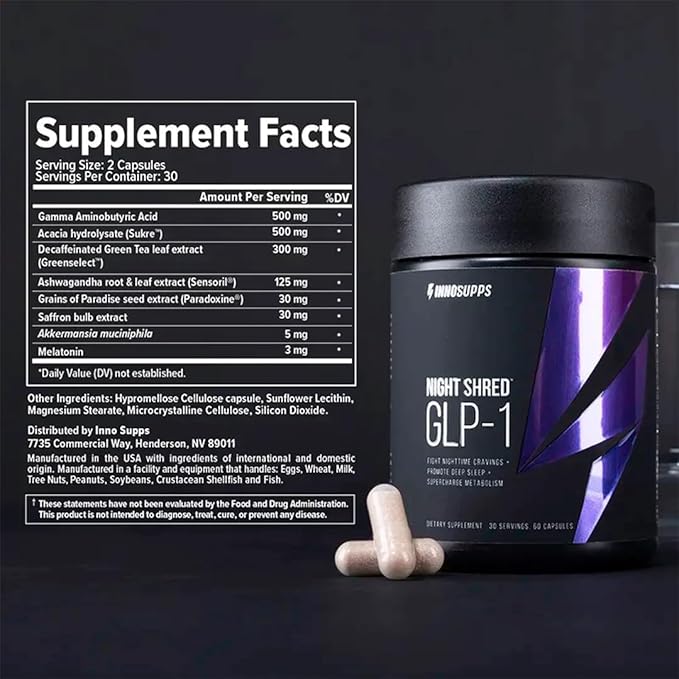 InnoSupps Night Shred™ GLP-1 | Nighttime Fat-Burner + Sleep Support | Appetite, Metabolism & Stress Support | Akkermansia + Ashwagandha | 60 Capsules. 30 Servings.