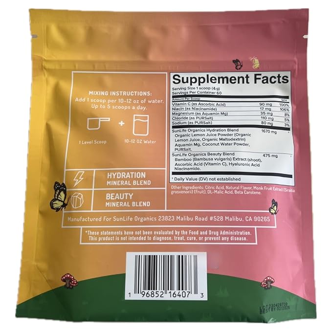 SunLife Organics Hydration & Beauty Powder - Citrus Rush - Electrolyte Drink Mix | Daily Vitamins and Minerals - Magnesium, Vitamin C, and Niacin | Non-GMO | 60 Servings