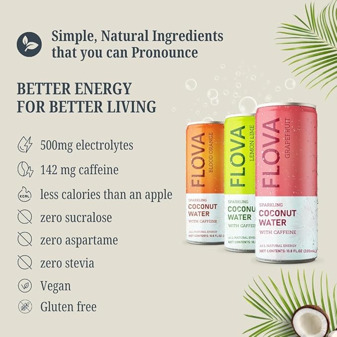 Flova Lemon Lime Energy Drink, All Natural, Electrolytes and Minerals from Coconut Water, 4 Simple Easy to Pronounce Ingredients, 99% Juice, Pack of 12 Cans