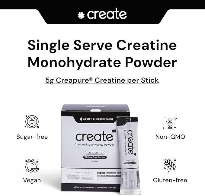 Create Single Serve Creatine Monohydrate Powder – 5g Creapure Creatine | Redefining Strength, Energy & Recovery | Sugar-Free, Vegan, Non-GMO | Unflavored, Lightly Sweetened, 0 Calories | 30 Packets