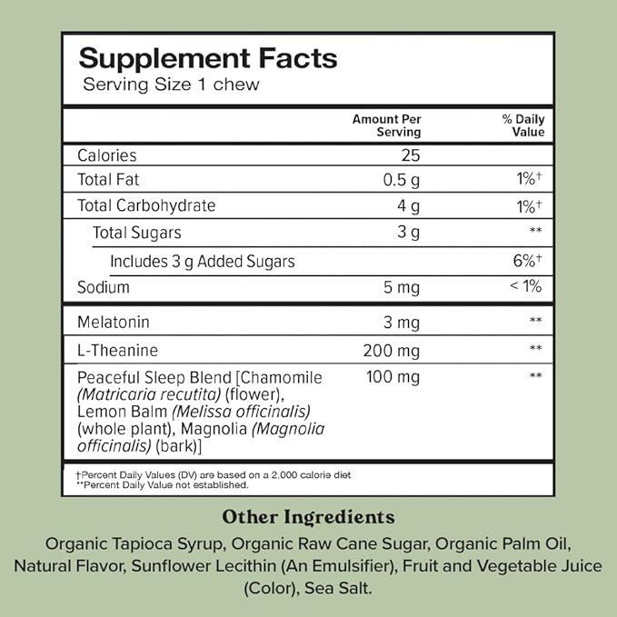 Chewsy Peaceful Sleep Chews, Sleep Support, 3 mg Melatonin, 200 MGS L-Theanine, Chamomile, Lemon Balm, Magnolia, Nighttime Sleep Aid, Naturally Minty Chews, Promotes restful Sleep, 6 -Day Supply (1)