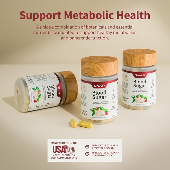 Snap Supplements Blood Sugar Blend with Berberine, CoQ10, Cinnamon, Alpha Lipoic Acid and Gymnema to Support Healthy Blood Sugar, Metabolic Health and Energy, Sugar Free, 60 Capsules, 2 Pack