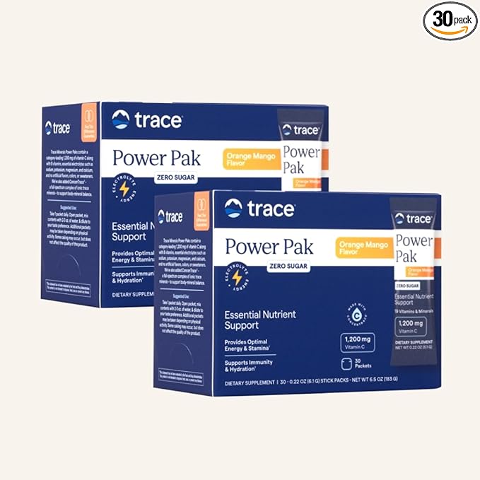 Trace Minerals | Power Pak Sugar Free Electrolyte Powder Packets | 1200 mg Vitamin C, Zinc, Magnesium | Boost Immunity, Hydration and Natural Energy | Keto Friendly | Orange Mango | 60 Packets