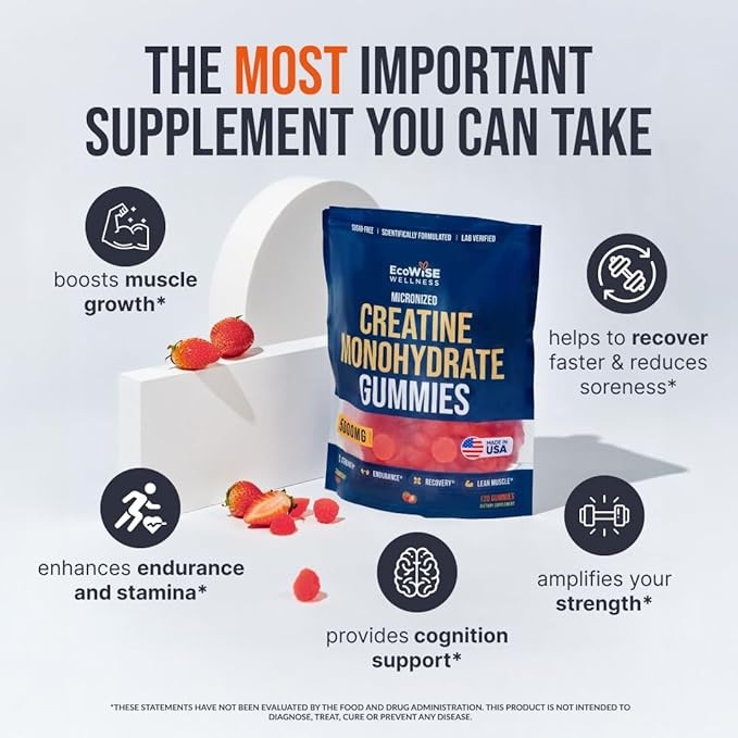 Creatine Monohydrate Gummies 5000 mg, Fresh Strawberry Flavor, 120 Sugar-Free Vegan Chews, Creatine Supplement for Daily Routine