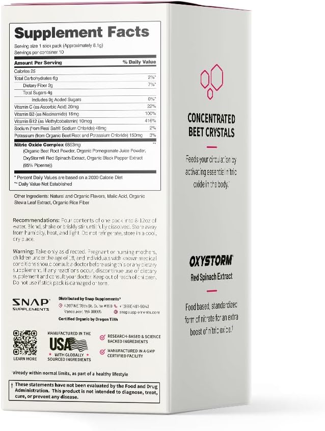 Snap Supplements USDA Organic Beet Root Powder, 3-in-1 Nitric Oxide Supplement, Support Healthy Blood Pressure and Blood Circulation, 250g (10 Stick Packs, Original Berry)