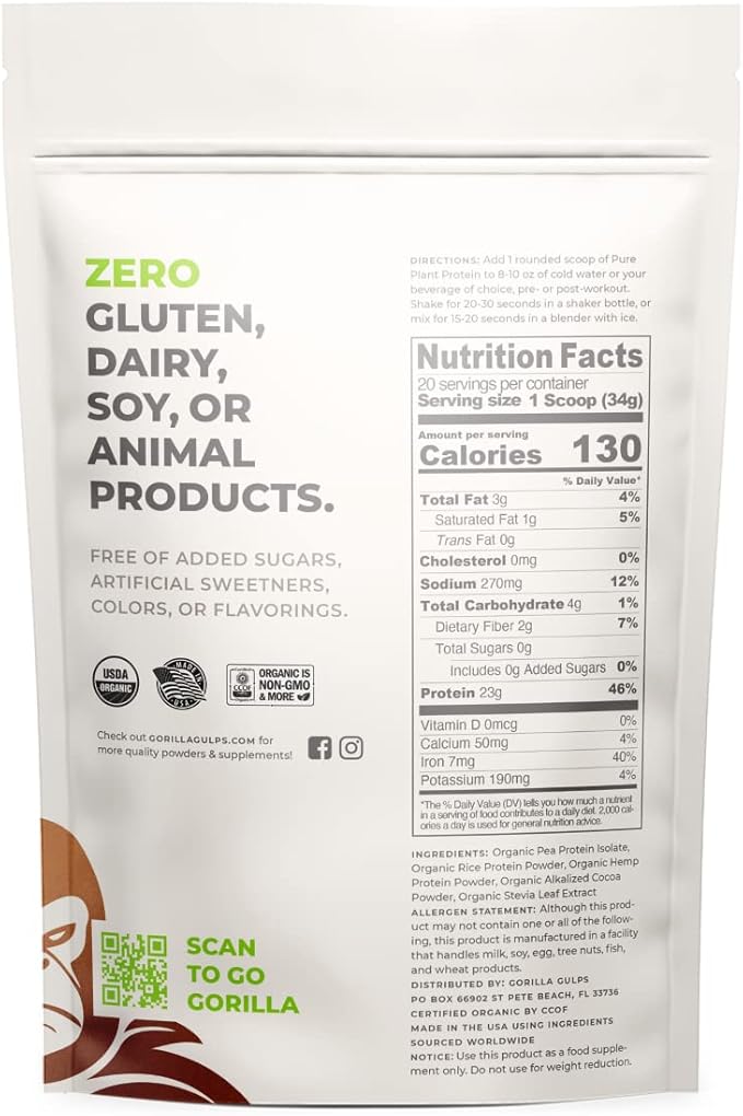100% Organic Pure Plant Protein Powder | USDA Certified | Organic Protein Powder | Vegan | Non-GMO | Sugar, Soy, Dairy, & Gluten Free | 20 Servings - Chocolate