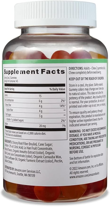 Amazon Basics (previously Solimo) Fiber 4g Gummy - Digestive Health, Supports Regularity, Orange, Lemon & Strawberry, 90 Gummies (2 per Serving)