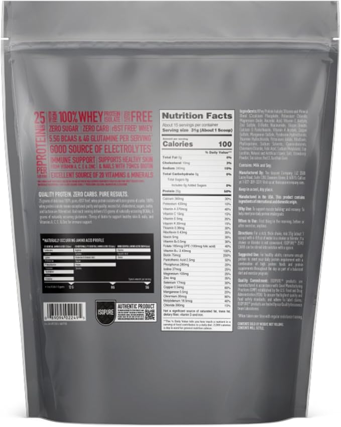 Isopure Zero Carb 100% Pure Whey Isolate Protein Powder, Lactose Free, Gluten Free, With Vitamins, Strawberries & Cream, 25g Protein Per Serving, 1 Lb, 15 Servings