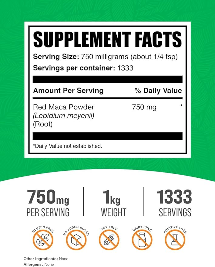 BulkSupplements.com Red Maca Powder - Maca Supplement. Red Maca Powder for Women & Men, Red Maca Root Powder - Vegan & Gluten Free, 750mg per Serving, 1kg (2.2 lbs) (Pack of 1)