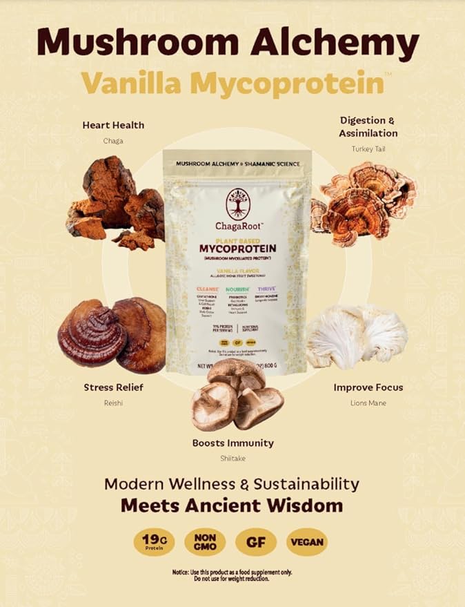 Mycoprotein Mushroom Protein Powder - Vegan Protein, Plant Based, Superfood, Master Blend of Chaga, Reishi, Turkey Tail, Shiitake, Lions Mane - Vanilla (1.76 lb)