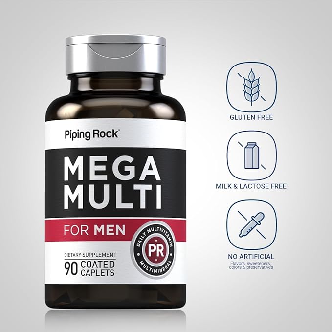 Piping Rock Multivitamin for Men | 90 Caplets | Mega Multimineral Daily Supplement | with Vitamin D, Zinc, Saw Palmetto | Non-GMO, Gluten Free